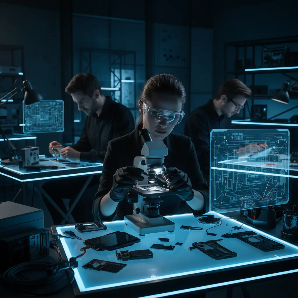 Tech experts examining smartphone components