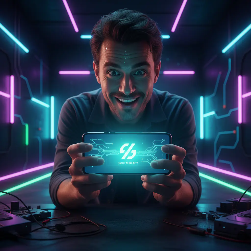 Happy person with repaired smartphone