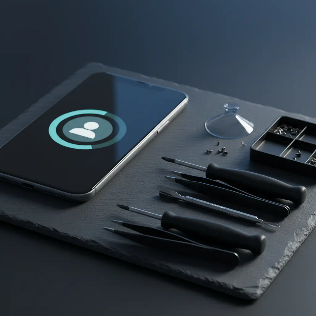 Smartphone displaying a contact icon next to professional repair tools