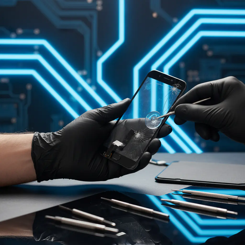 Hands replacing a smartphone screen using precision tools